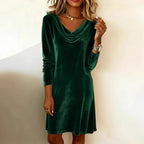 Elegant Solid Color Swing Collar Long Sleeved Velvet Dress Temperament Gentle Skirts For Women Cocktail Party Formal Dresses - DanaFashionstore