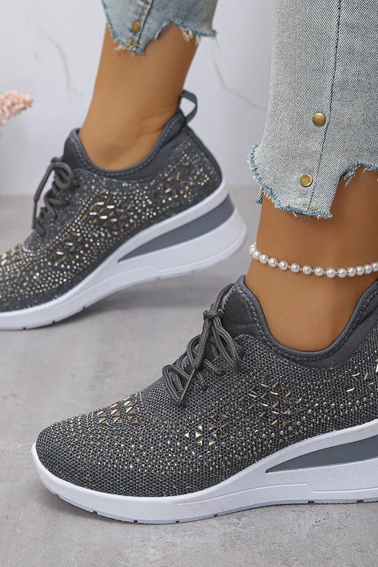 Ins Rhinestone Sneakers Fashion Lace Up Wedges Casual Shoes Women's Daily Commuting Sports Shoes - DanaFashionstore