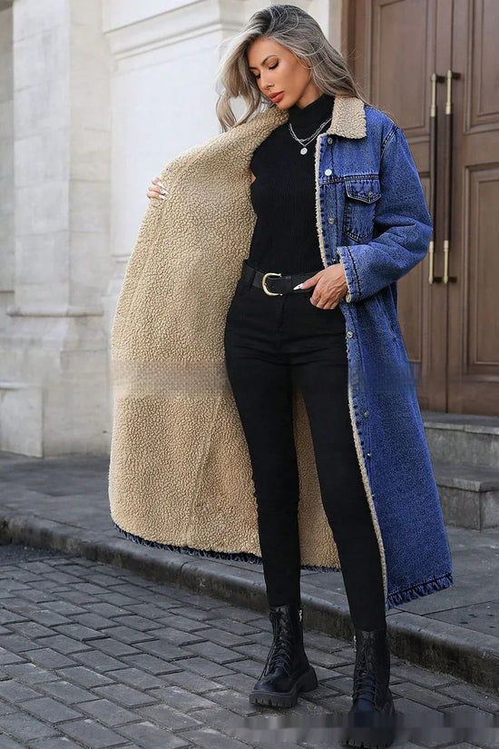 Womens Loose, Long, Fleece-lined Cotton Denim Jacket - DanaFashionstore