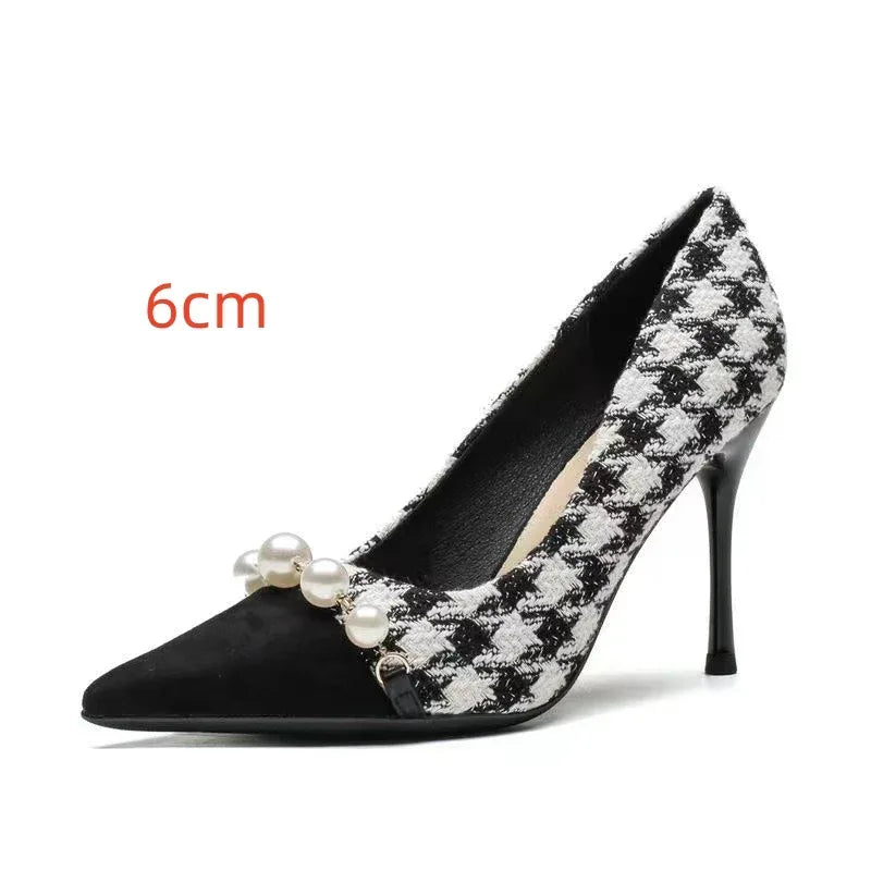 Shallow Mouth Pointed Pearl Chain Plaid Women's Single Shoes - DanaFashionstore