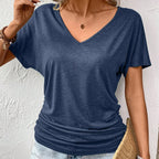 Women Summer Solid Color V-Neck Short Sleeve Casual T-Shirt - DanaFashionstore