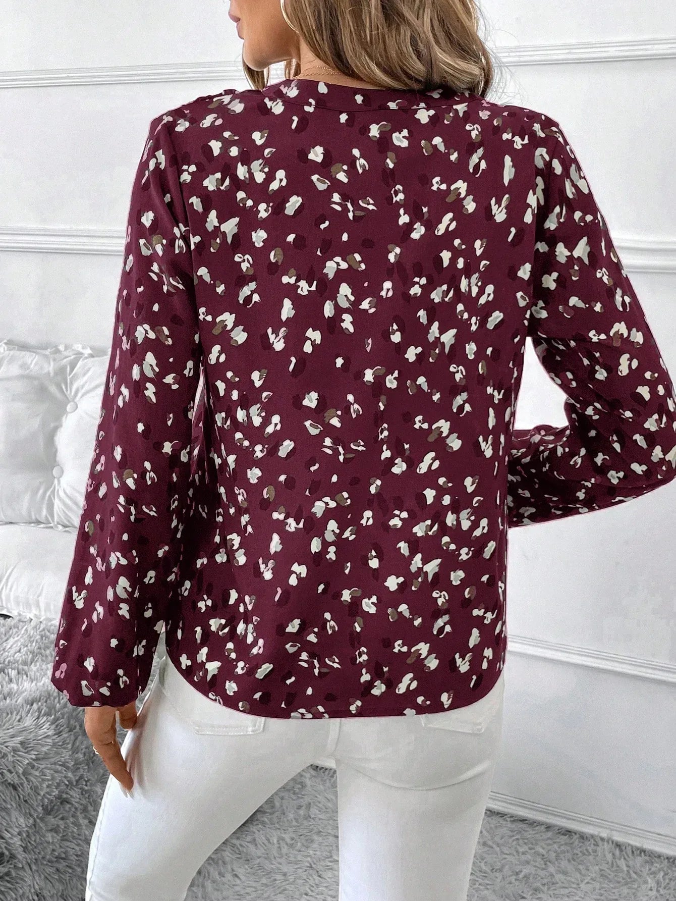 Women's V-Neck All-Over Print Elegant Long Sleeve Blouse,Long Sleeve Tops - DanaFashionstore