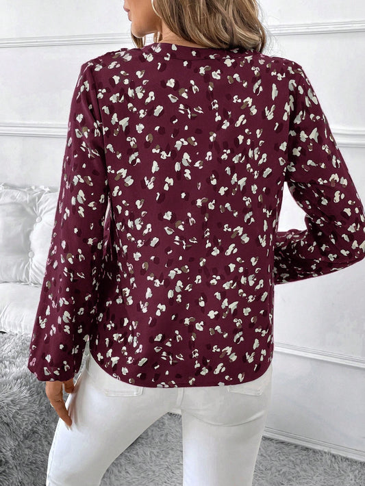 Women's V-Neck All-Over Print Elegant Long Sleeve Blouse,Long Sleeve Tops