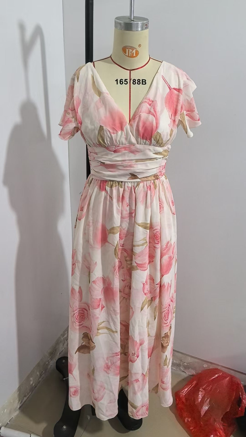 Short Sleeve V-neck Digital Printed Long Skirt Elastic Waist
