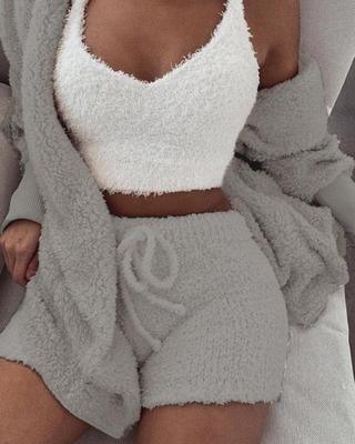 3pcs Womens Clothing Long Sleeve Crop Tank Top And Drawstring Shorts Pajama Set - DanaFashionstore