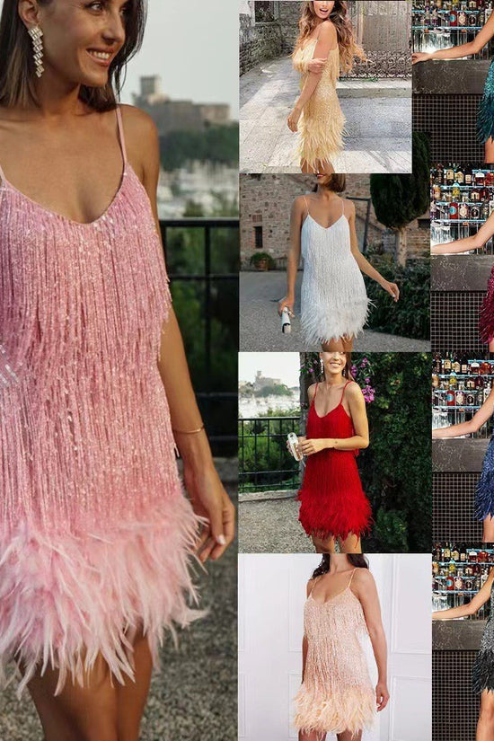 Sexy Tassel Sequins Feather Summer Mini Dress Women V Neck Spaghetti Strap Stitching Dresses Female Elegant Evening Party Club Dress