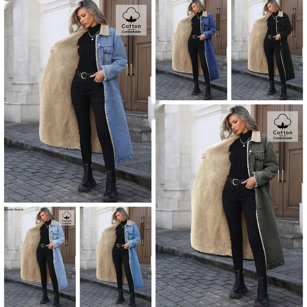 Womens Loose, Long, Fleece-lined Cotton Denim Jacket - DanaFashionstore