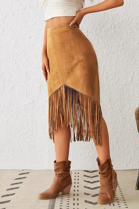 Women's Tassel Edge Asymmetrical Hem Solid Color Skirt - Dana Fashion