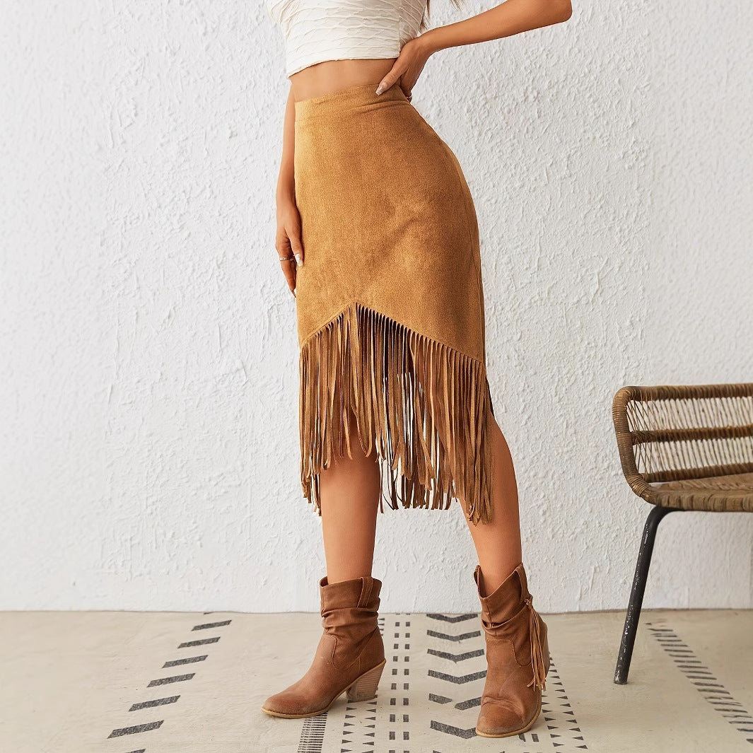 Women's Tassel Edge Asymmetrical Hem Solid Color Skirt - Dana Fashion