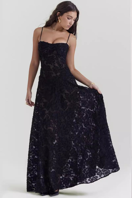 Sexy Flowers Lace Suspender Dress Summer Fashion Slim Back Lace-up Long Dresses Party Evening Club Clothing For Women