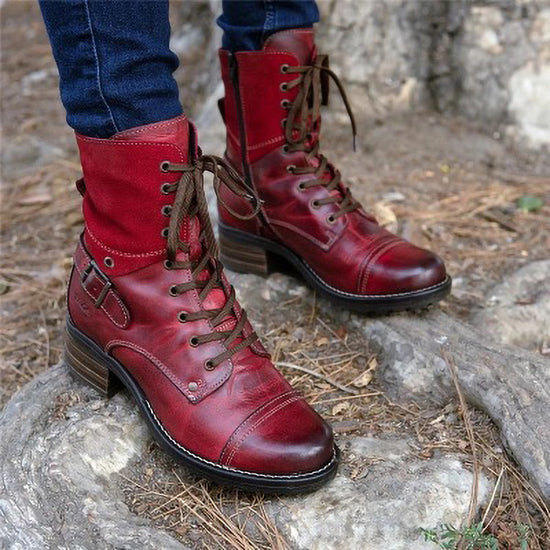 Casual Low-Heeled Round Toe Cross Lace-Up Ankle Boots