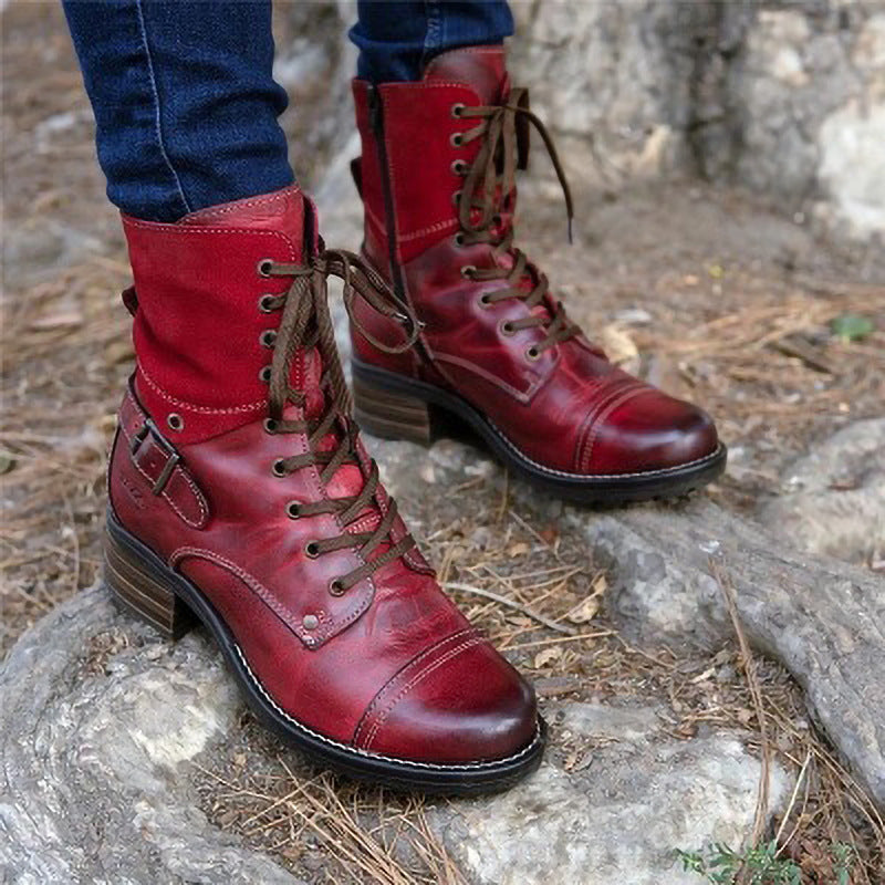 Casual Low-Heeled Round Toe Cross Lace-Up Ankle Boots