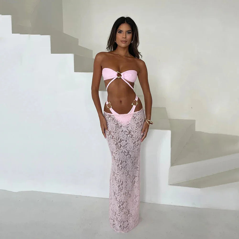 Bikini Tube Top Women's Swimsuit Long Skirt 3 Pieces Suit - DanaFashionstore