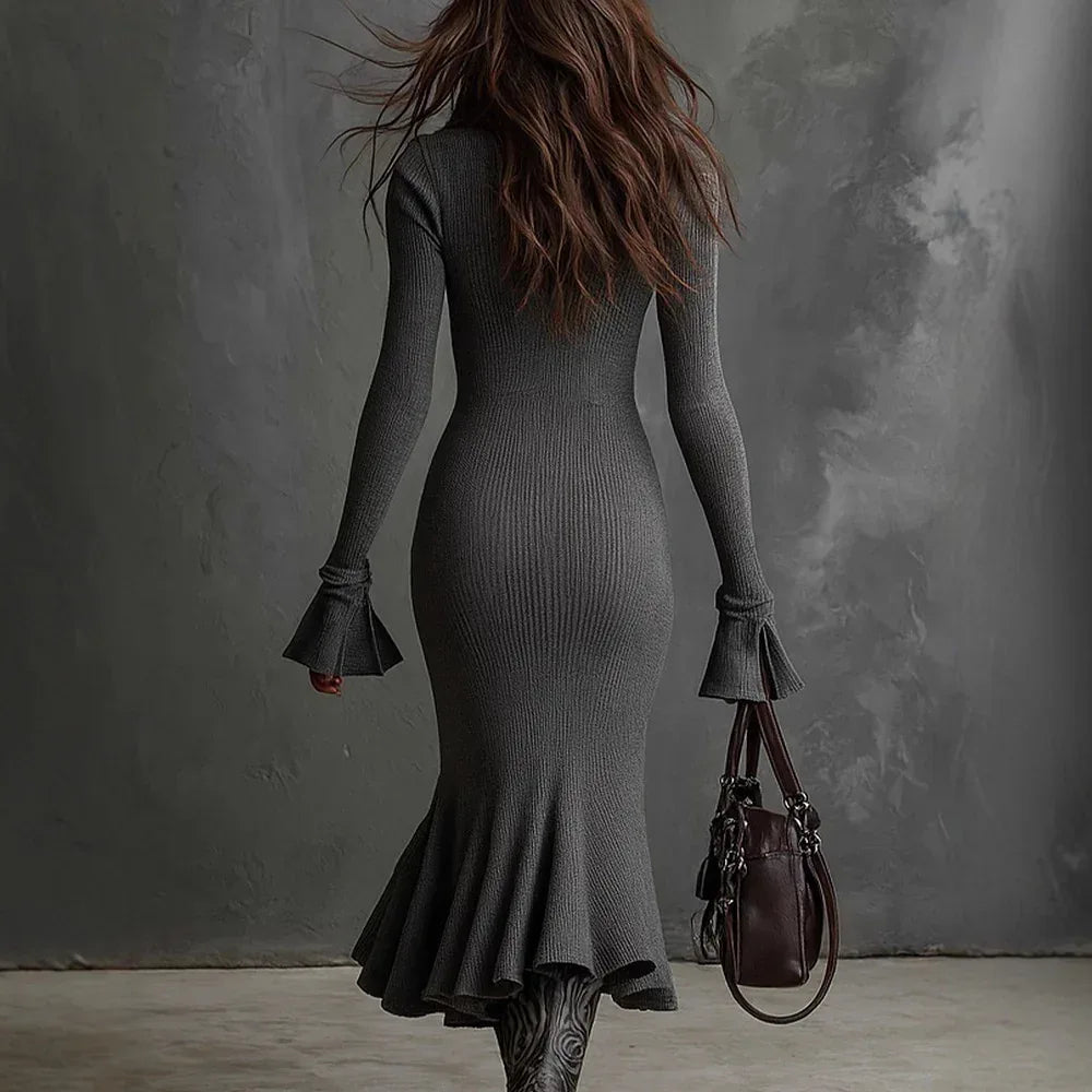 Pleated-collar Flared-sleeve Knitted Mermaid Skirt - DanaFashionstore