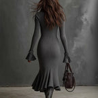 Pleated-collar Flared-sleeve Knitted Mermaid Skirt - DanaFashionstore