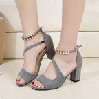 High-heeled suede sandals with buckled chunks with fish mouth sandals - DanaFashionstore