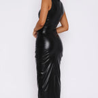 Long-sleeve Faux Leather Pleated Fashion Slim-fit Bodycon Dress