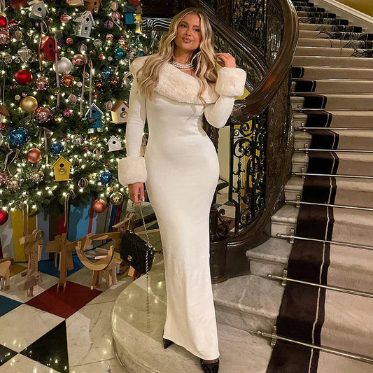 Solid Color Long Sleeve Oblique Collar Slim Christmas Dress - DanaFashionstore