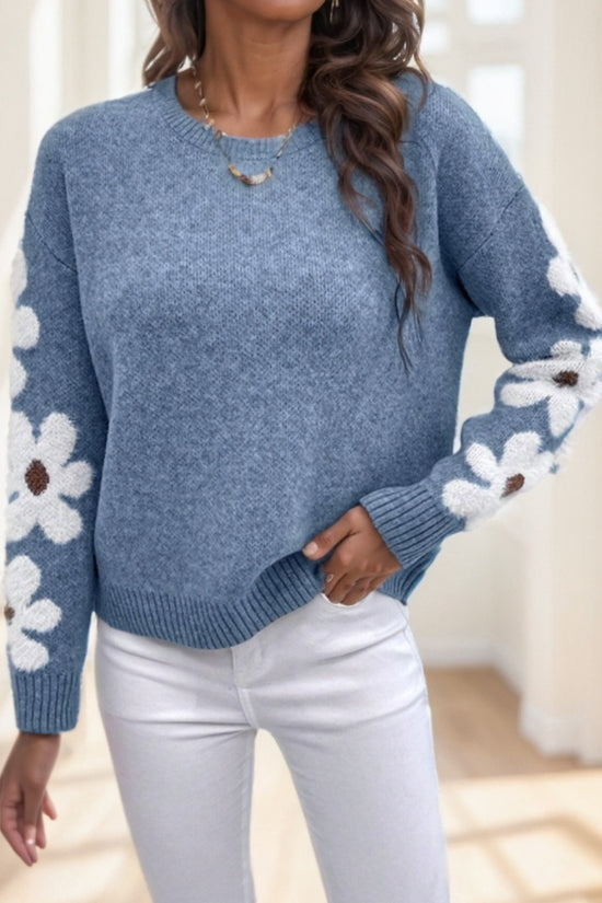 Floral Pattern Drop Shoulder Sweater,Long Sleeve Tops