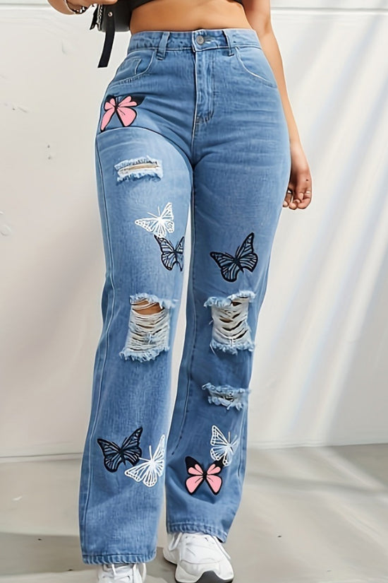 High Waisted Straight Leg Jeans For Women Trendy Butterfly Print Ripped Distressed Denim Pants