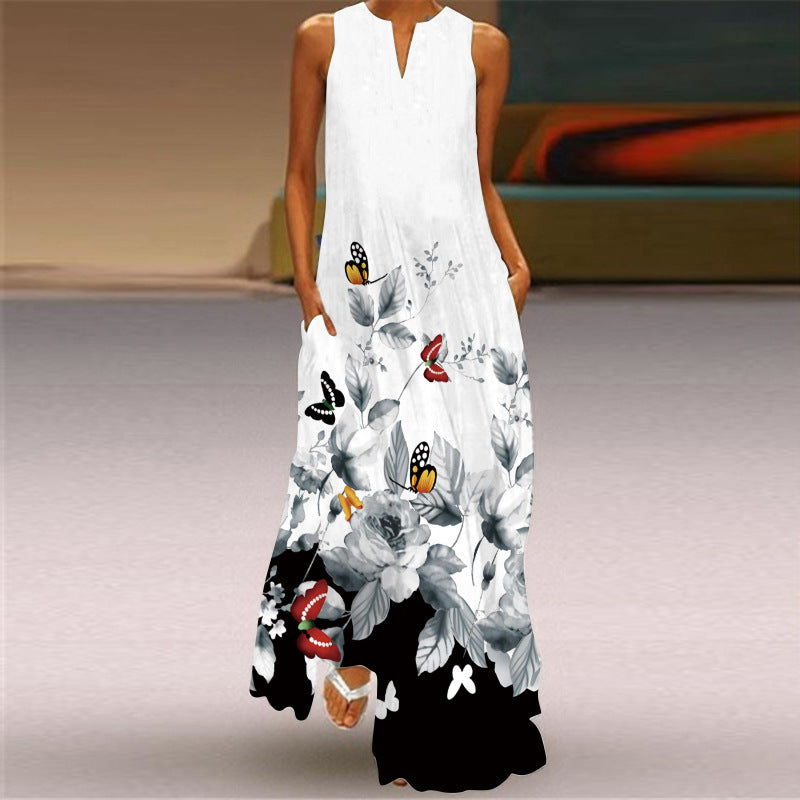 Butterfly Print Long Dress V-Neck Sleeveless