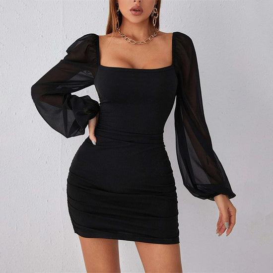 Mesh Stitching Ruffle Slim Fit Dress Women