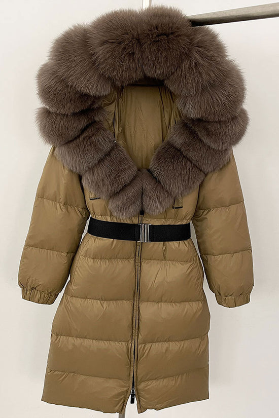 Women's Long Cinched Hoodie Real Fox Fur Collar Coat