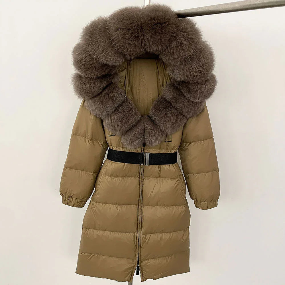 Women's Long Cinched Hoodie Real Fox Fur Collar Coat 2026 - Winter Jacket - DanaFashionstore