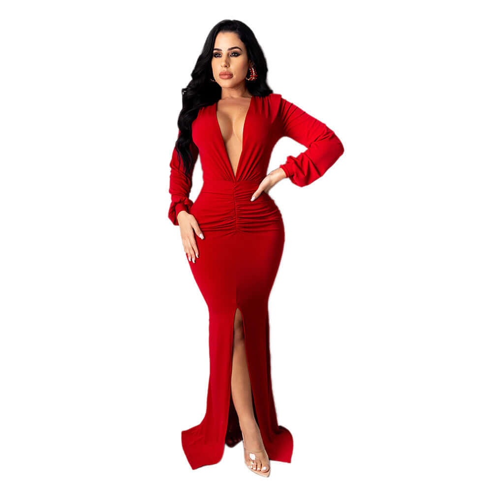 Women's Large V-neck Slim-fit Nightclub Evening Dress $36.56 Dana Fashion Color: Black Size: L Women's clothing Product information: Color: yellow, orange, red, black Waist type: high waist Size: S,M,L,XL,XXL Sleeve type: regular sleeve Main fabric compos