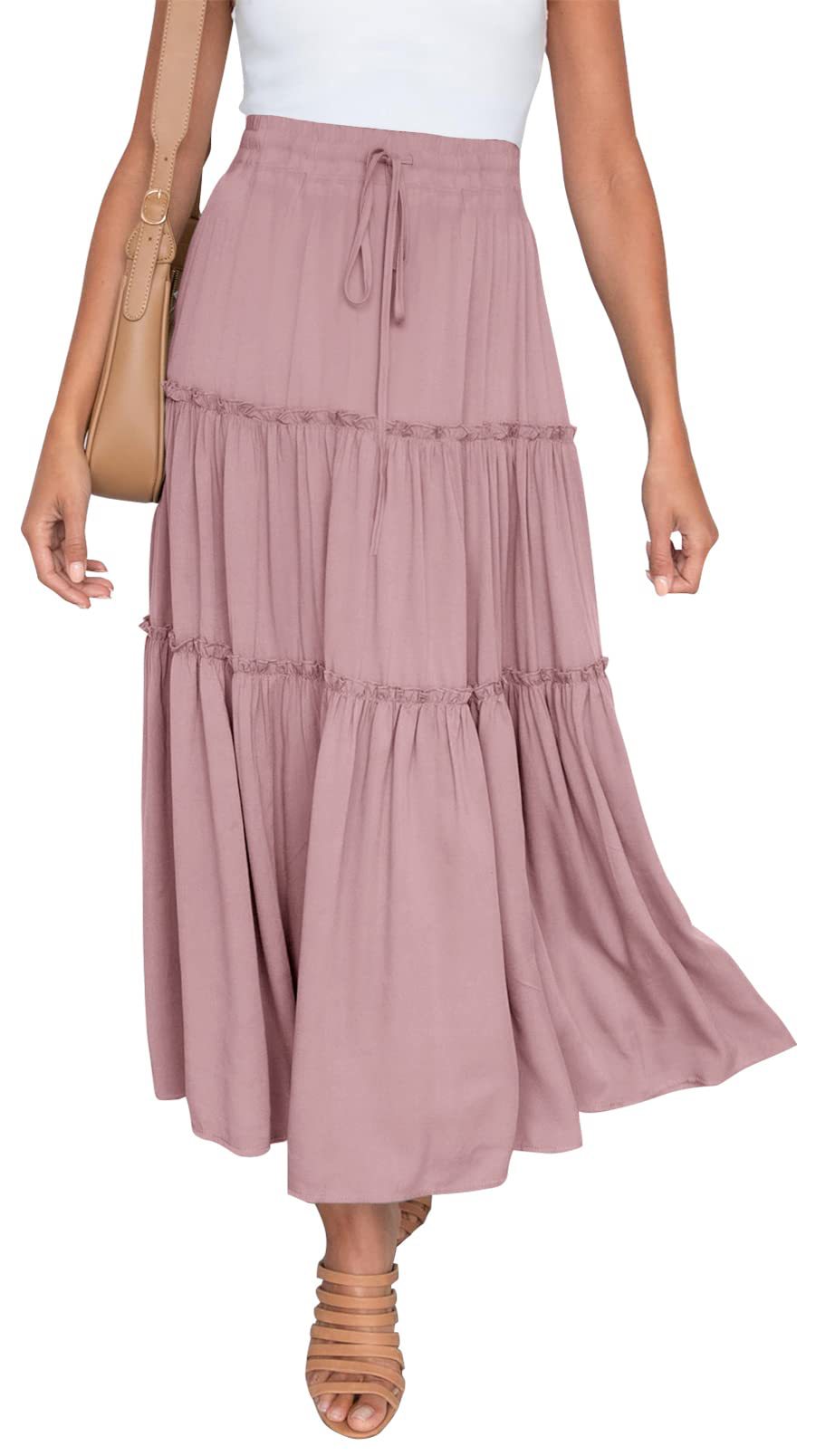 Women's Elastic High Waist A-Line Pleated Casual Maxi Dress