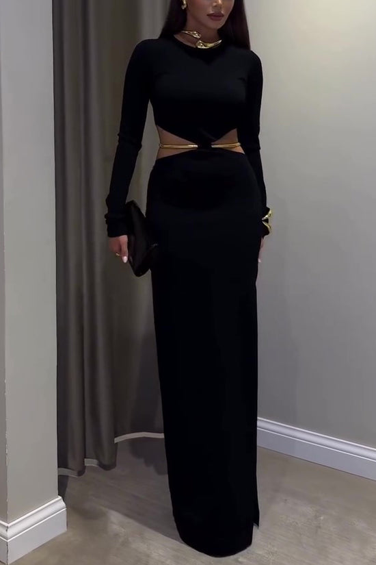 Black Cutout Waist Long-Sleeve Maxi Dress