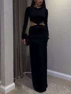 Black Cutout Waist Maxi Dress 2026 - Long-Sleeve Evening Dress - DanaFashionstore