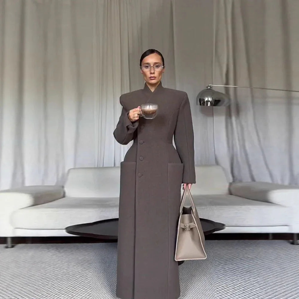 Temperament Shoulder-padded Waist-cinching Long Wool Coat For Women - DanaFashionstore