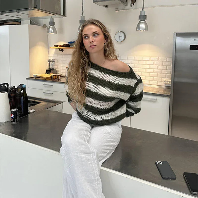 Loose Striped Pullover Sweater Fashion Versatile Long-sleeved Knitted Tops For Women Clothing - DanaFashionstore