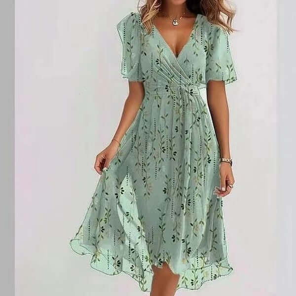 Chiffon Printed Short Sleeve Dress Summer Elegant V-neck Dresses Womens Clothing $50.34 Dana Fashion Color: Light green bamboo Size: L Women's clothing Overview: Unique design, stylish and beautiful. Good material, comfortable wear. A variety of colors, a