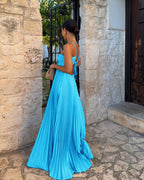Ins Pleated Sleeveless Sling Dress Hollow High Waist Halter Robe Dresses For Evening Party Club Clothing Women