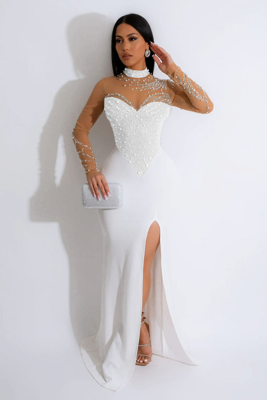 Women's Rhinestone Pearl See-through Waist-tight Stretch Split Dress