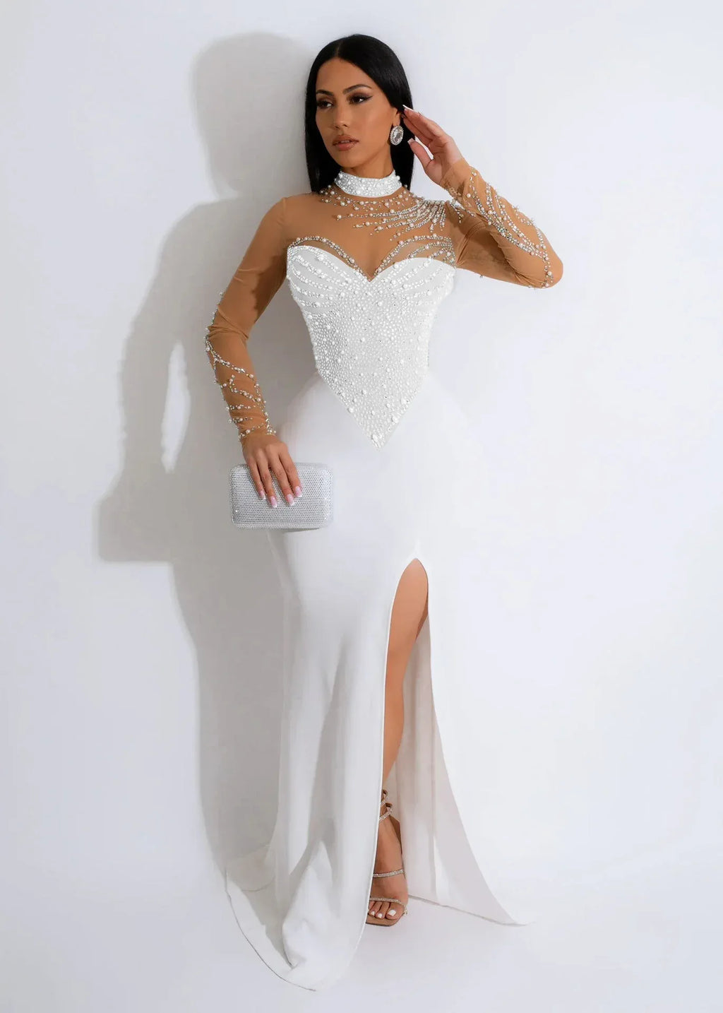 Rhinestone Pearl See-Through Dress 2026 - Waist-Tight Split Dress - DanaFashionstore
