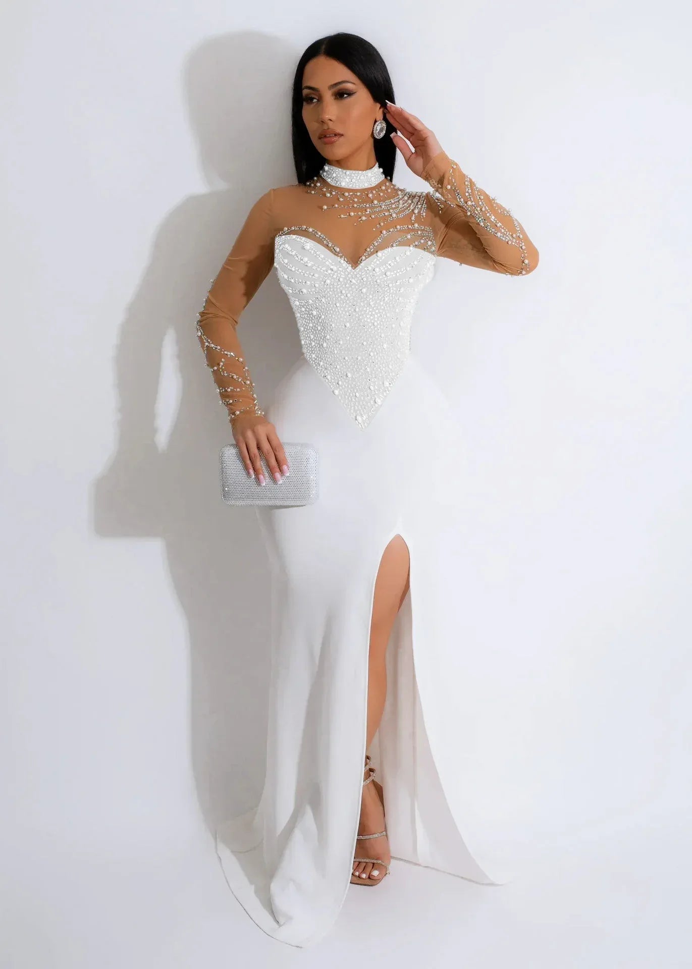 Rhinestone Pearl See-Through Dress 2026 - Waist-Tight Split Dress - DanaFashionstore