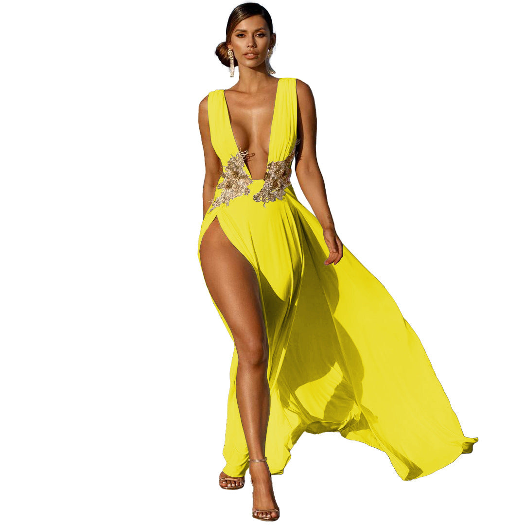 Women's Fashion Deep V High Slit Large Swing Floor Long Dress