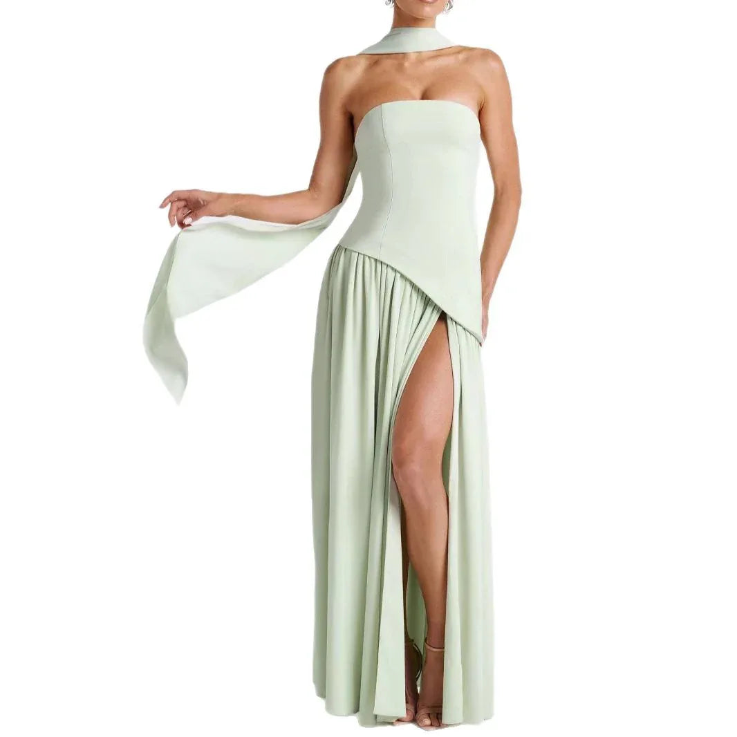 Fashion Sexy Backless Tube Top Pure Color Split Dress - DanaFashionstore