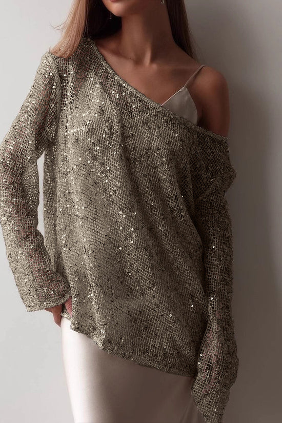 European And American Long Sleeve Hollow Loose Pullover Sequined Top Women's Clothing