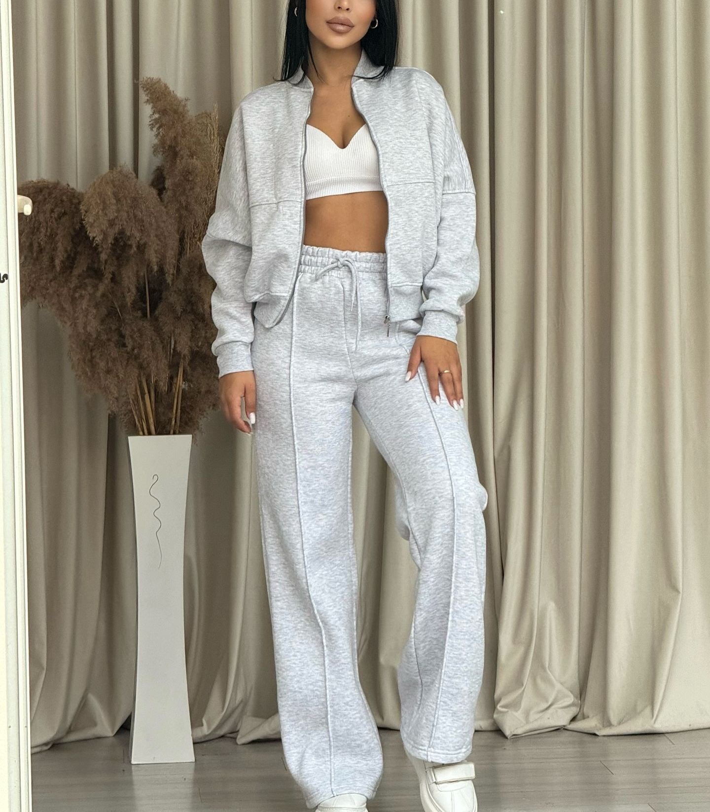 Fashion Casual Solid Color Long-sleeved Sweater Zipper Trousers Two-piece Set