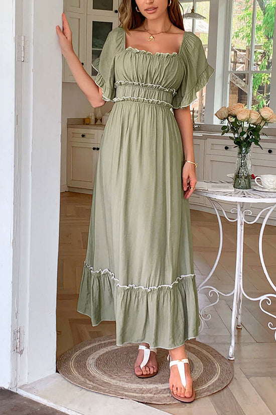 European And American Leisure Vacation Style Stringy Selvedge Short Sleeve Dress $59.50 Dana Fashion Color: Green Size: L Women's clothing Product information: Color: green, blue, black, apricot, orange pink Waist type: high waist Size: S,M,L,XL Skirt len