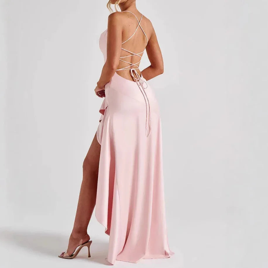 Women's Backless Ruffles Irregular Dress Summer Fashion Evening Party Club Split Suspender Maxi Dresses Clothing - DanaFashionstore