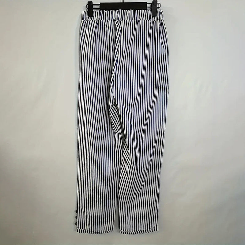 Women's Striped Elastic Waist Pants - Button Accent With Pockets, Casual Comfort Trousers For Spring&Fall - Dana Fashion