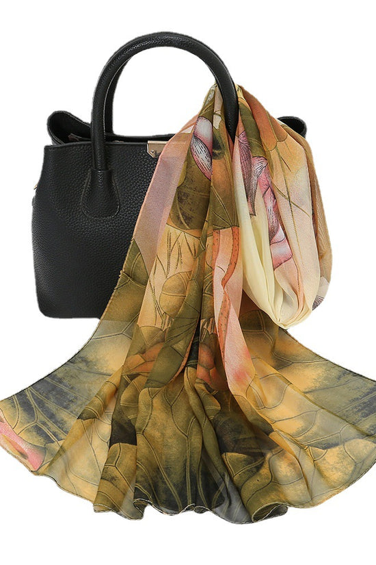 Thin Chiffon Lotus Pond Moonlight Printed Silk Scarf