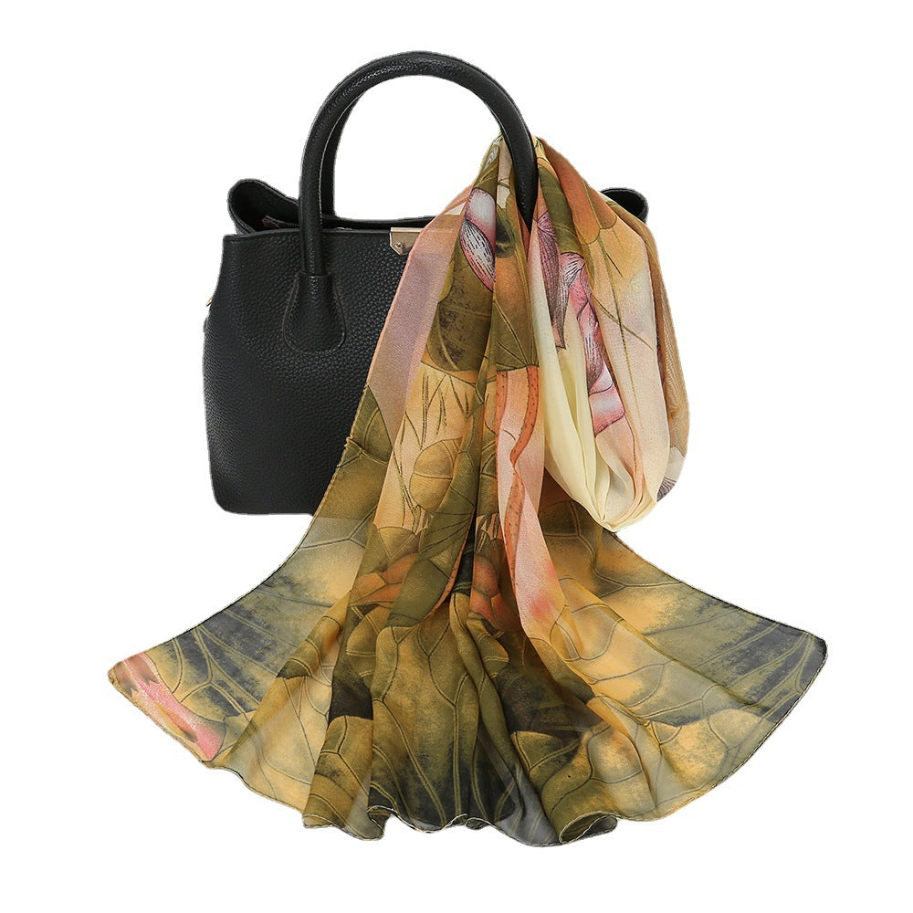 Thin Chiffon Lotus Pond Moonlight Printed Silk Scarf
