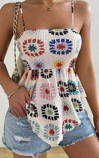 Women's Vacation Hibiscus Printed Ruffle Hem Casual Camisole Top Graphic Tees - DanaFashionstore