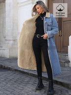 Womens Loose, Long, Fleece-lined Cotton Denim Jacket - DanaFashionstore